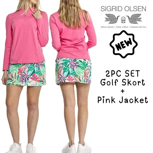 Golf Tennis Sigrid Olsen Interlock Jacket and Skort Set UPF50 NEW Pink NWT $120 - Picture 1 of 3